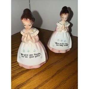 Vintage Enesco Salt & Pepper Shakers Ceramic Praying Ladies Pink Dresses Japan